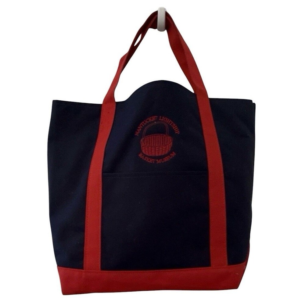 Toppers Nantucket Lightship Basket Museum navy red tote bag embroidered
